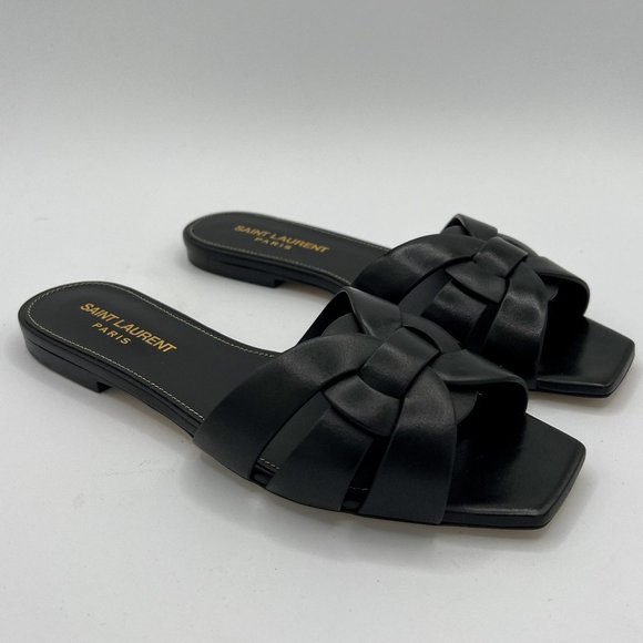 Saint Laurent Shoes - Saint Laurent Tribute Black Leather Slides